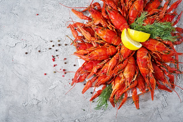 Crayfish. Red boiled crawfishes on table in rustic style, closeup. Lobster closeup. Border desig. Top view