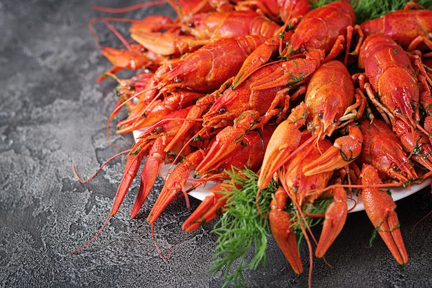 Crayfish. Red boiled crawfishes on table in rustic style, closeup. Lobster closeup. Border design