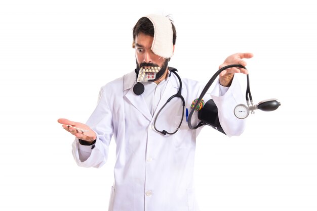 Crazy doctor over white background