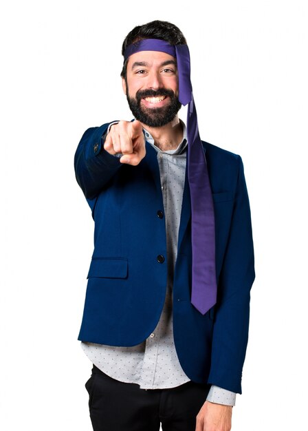 Crazy and drunk businessman pointing to the front