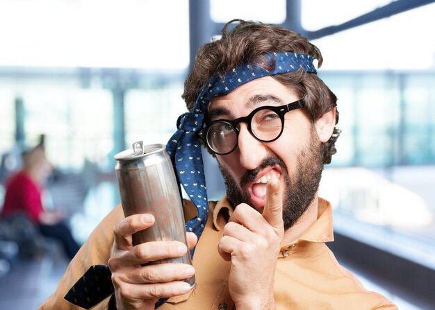 crazy man with beer.funny expression