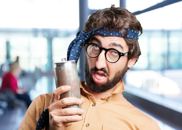 crazy man with beer.funny expression