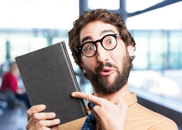 crazy man with book.funny expression