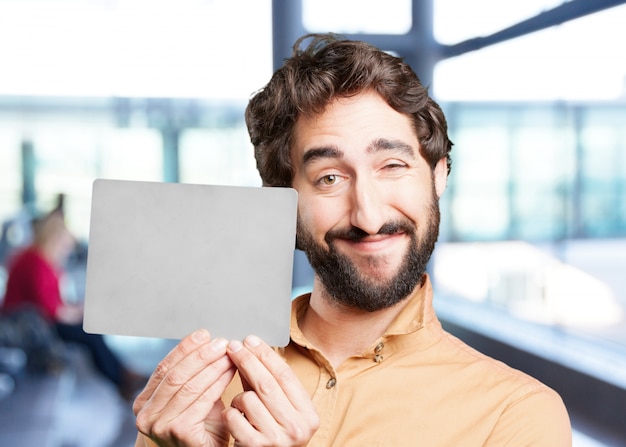 crazy man with gray card. fun.funny expression