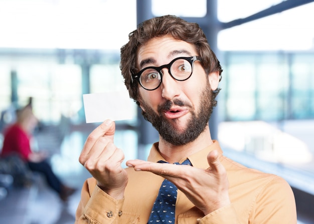 crazy man with name card.funny expression