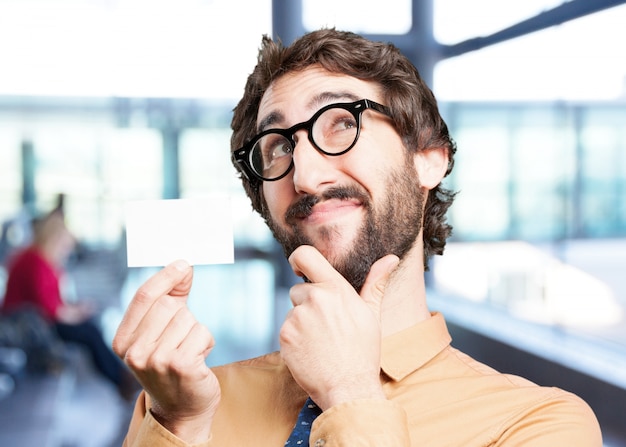 crazy man with name card.funny expression