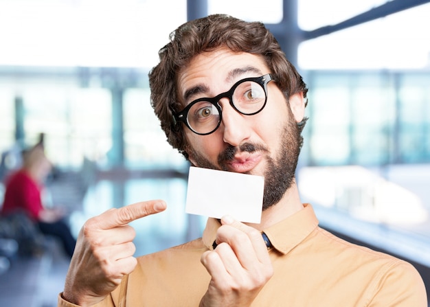 crazy man with name card.funny expression