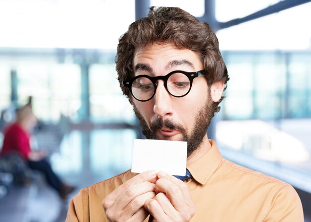 crazy man with name card.funny expression