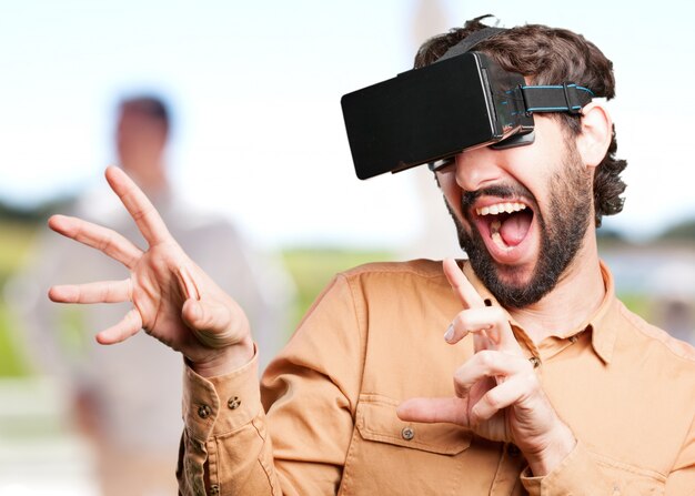 crazy man with virtual glasses.funny expression