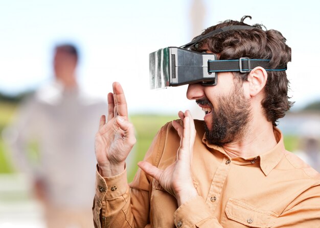 crazy man with virtual glasses.funny expression