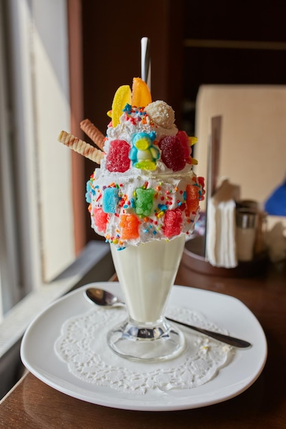 Free photo crazy shake on top with a strawberry marmalade and candy and marmalade bears
