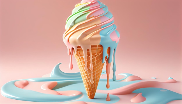 Creamy ice cream cone atop multi colored backdrop generative AI