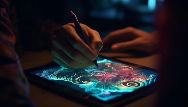 Creative artists at work painting colorful patterns generated by AI