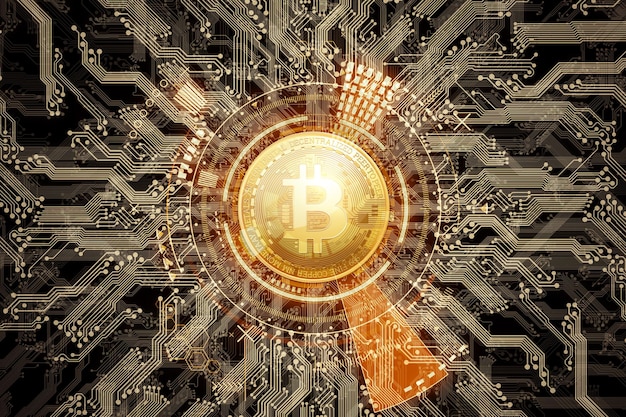 Творческий фон, золотая монета bitcoin на фоне микросхем, электронных денег. концепция передачи блокчейн, криптовалюта, шифрование данных. смешанная техника. 3d визуализация, 3d иллюстрации.