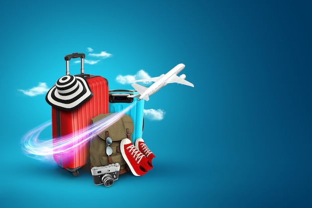 創造的​な​背景​、​赤い​スーツケース​、​スニーカー​、​青い​背景​に​飛行機​。
