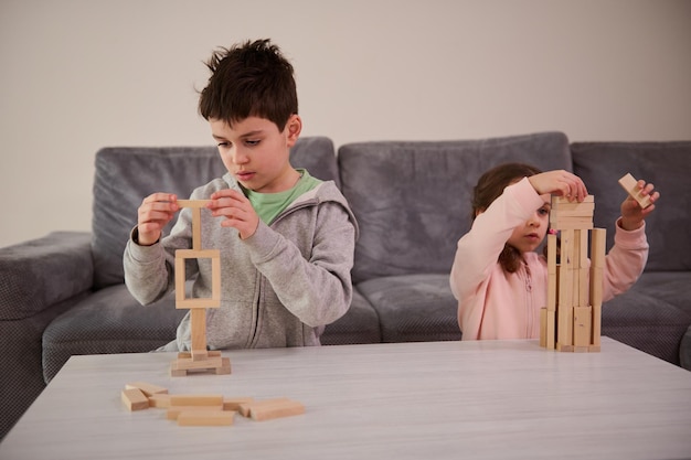 창의적인 아이들, 형제 자매는 집에서 나무 블록을 만들고, 발달적인 보드 게임을 하고, 복잡한 키가 큰 나무 구조물을 만드는 데 집중했습니다. 교육 여가 및 오락