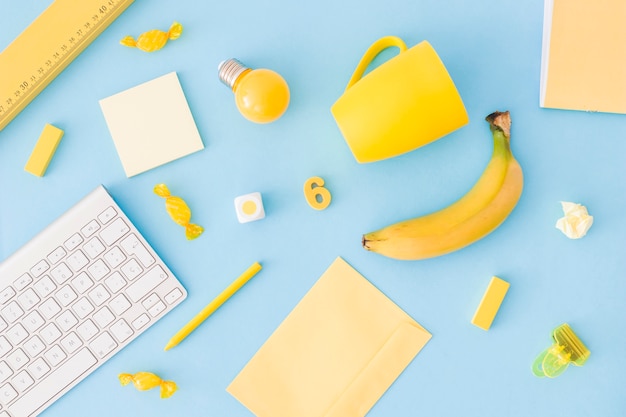 Creative equipment set laying on blue background