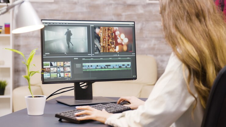 無料Photo 自宅で映画のポストプロダクションに取り組んでいるクリエイティブな女性映画製作者。バックグラウンドで彼氏。