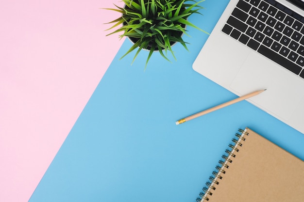 Creative flat lay photo of workspace desk