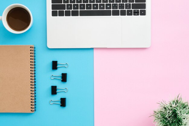 Creative flat lay photo of workspace desk