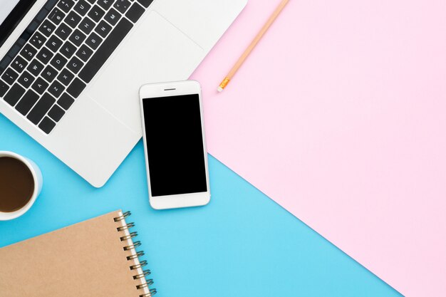 Creative flat lay photo of workspace desk