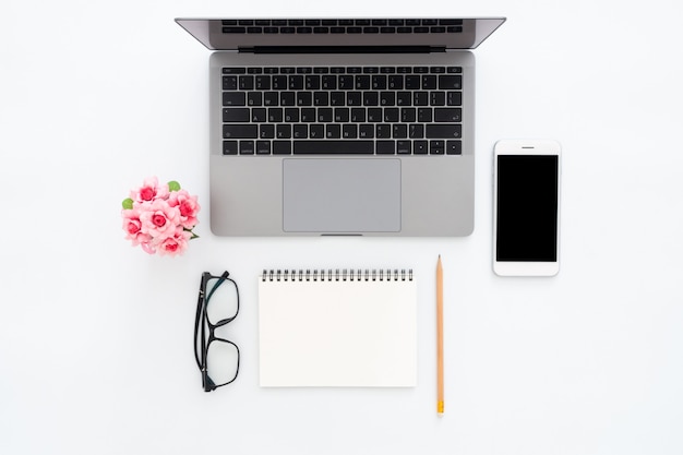 Creative flat lay photo of workspace desk