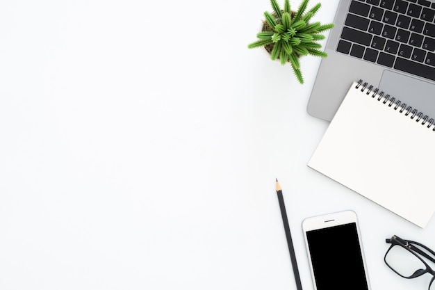 Creative flat lay photo of workspace desk