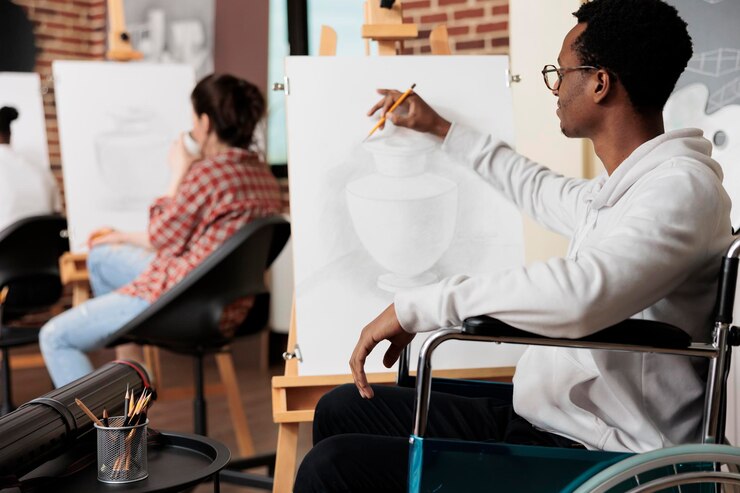 Free Photo creative hobbies for adults with disabilities. disabled african american guy wheelchair user drawing at art studio, exploring creativity, discovering new passions and boosting self-confidence