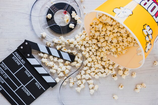 Creative layout of popcorn and movie film