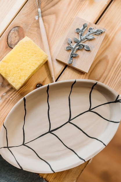 Creative pottery arrangement on wooden table