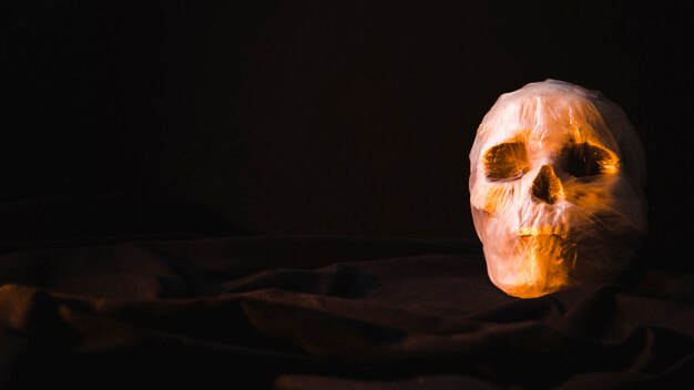 Free photo creepy illuminated skull in plastic bag