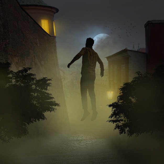 Creepy scene with man floating outside