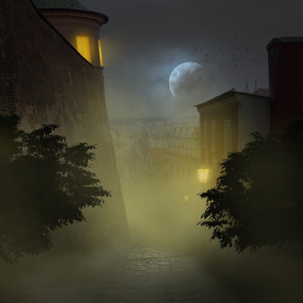 Бесплатное фото Страшная сцена с луной и туманом