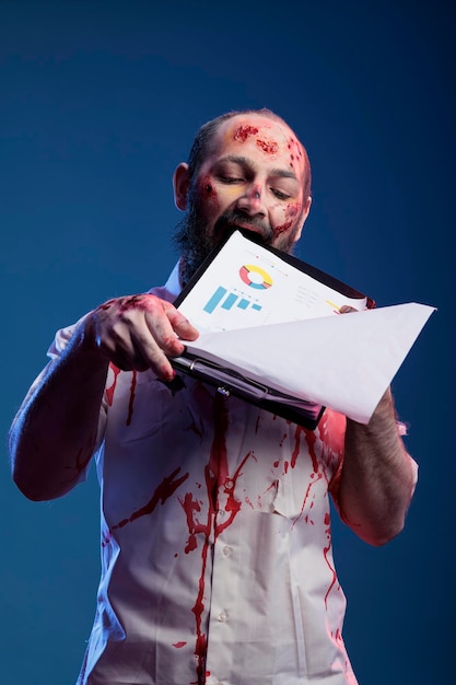 Creepy zombie looking at business documents, analyzing paperwork notes in front of studio camera. Undead horror monster holding papers, being scary and dangerous brain eating corpse.