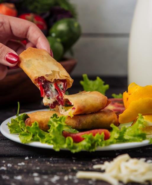 Crepe with cheese and vegetables in the plate