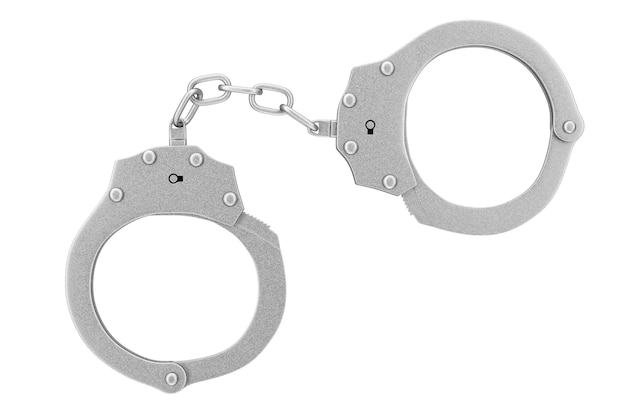 Концепция преступности и закона. металлические наручники на белом фоне. 3d рендеринг