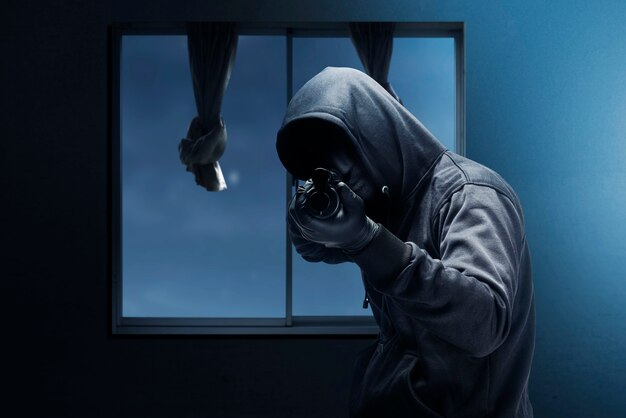 Преступник в скрытой маске, указывая на дробовик во время ограбления дома ночью