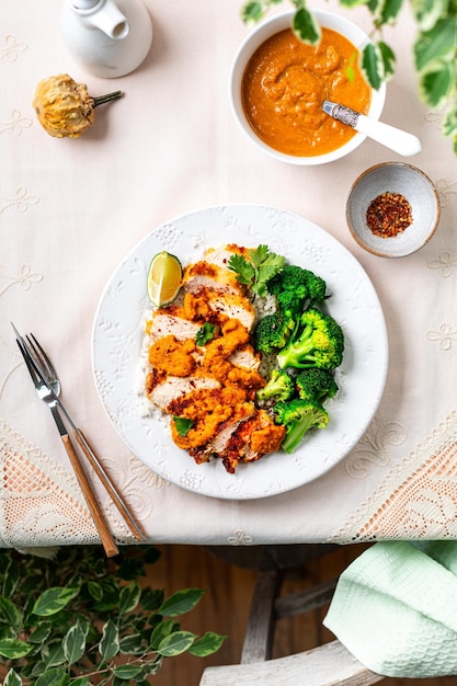 Crispy chicken cutlet with katsu sauce with white rice and broccoli on a stone table