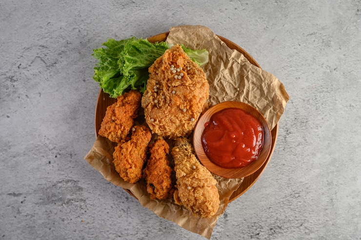 무료 Photo 토마토 소스와 함께 나무 접시에 바삭한 후 라 이드 치킨