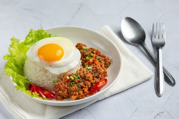 Free photo crispy omelet topped with minced pork and mixed vegetables sauce