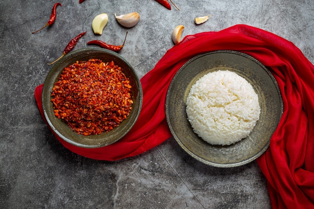 Crispy pork paste mixed with beautiful decorative ingredients, Thai food.