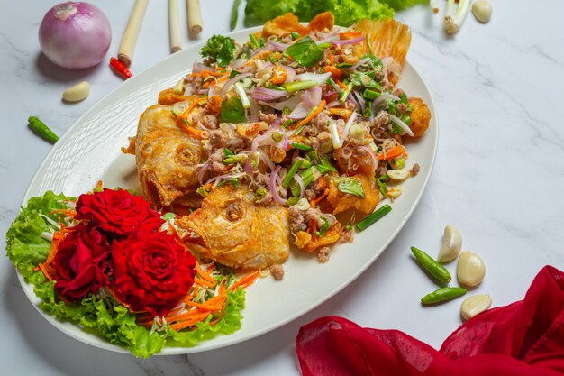 Crispy Tubtim Fish Salad, Thai Food Herb.