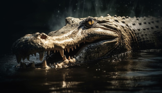 Crocodile teeth threaten in dark swamp waters generative AI