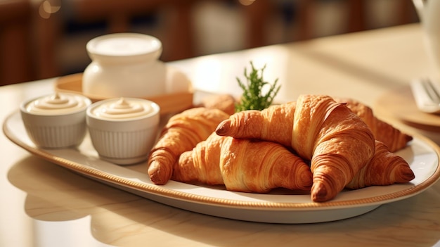 Free photo croissants stuffed with turkey sit next to bowls of dip