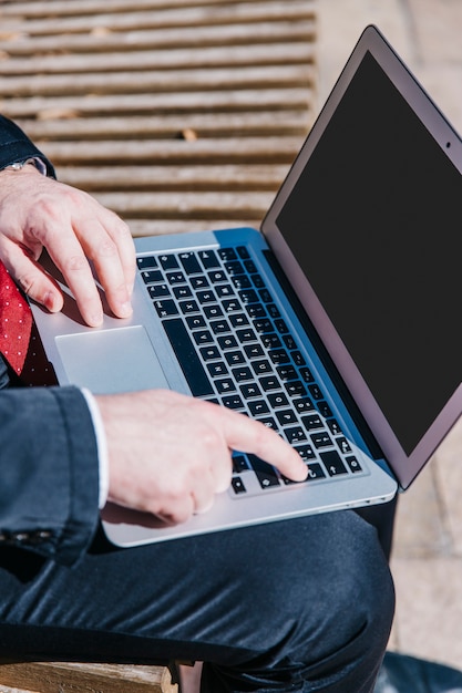 Crop businessman using laptop on bench