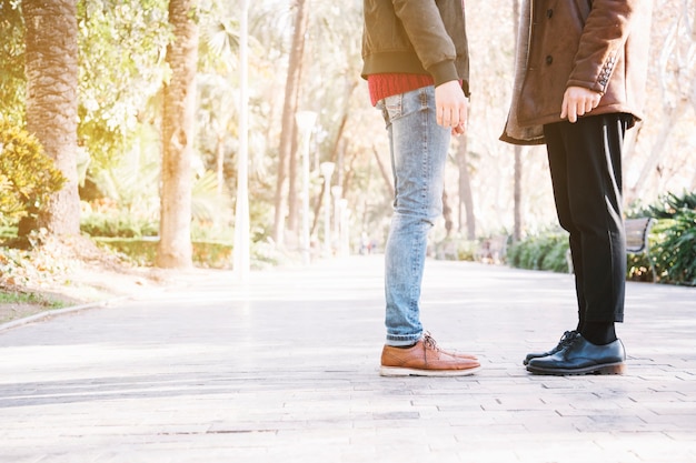 Free photo crop gay couple posing on street