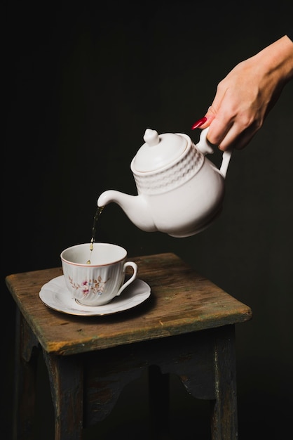 Crop hand pouring tea into cup