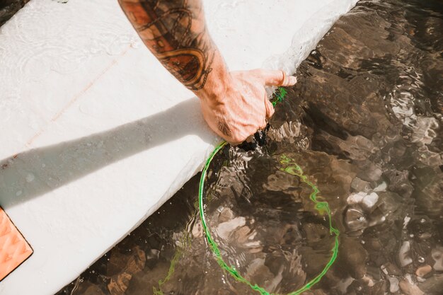 Crop hand putting surfboard on water