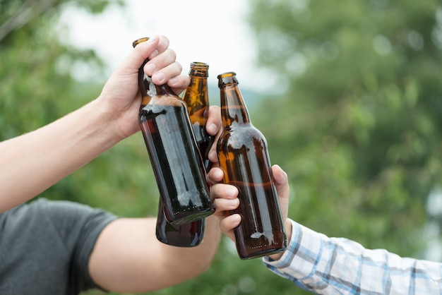 Crop hands clinking bottles of beer in nature