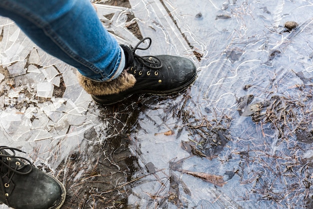 Crop legs on frozen puddle